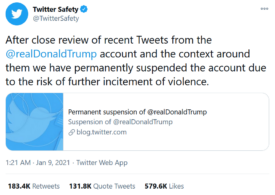 Twitter i-a suspendat permanent contul lui Trump din cauza riscului de a continua incitarea la violenţă