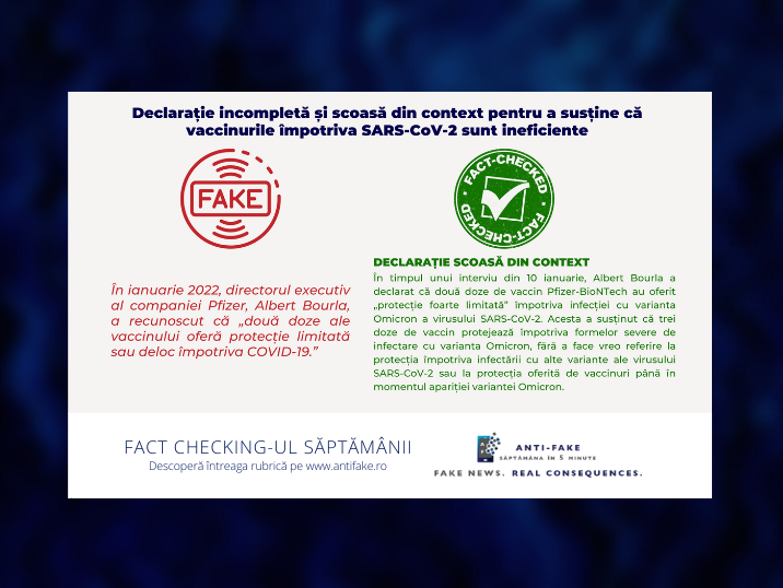 Fact checking-ul săptămânii: Declarație incompletă și scoasă din context pentru a susține că vaccinurile împotriva SARS-CoV-2 sunt ineficiente