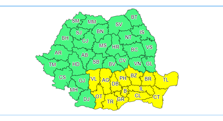 Vin furtunile, inclusiv în București și pe litoral: 13 județe se află sub cod galben