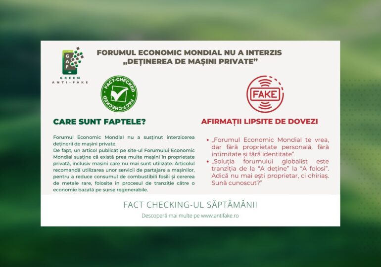 Fact checking-ul săptămânii (GREEN ANTI-FAKE): Forumul Economic Mondial nu a interzis „deținerea de mașini private”