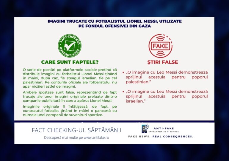 Fact-checking-ul săptămânii: Imagini trucate cu fotbalistul Lionel Messi, utilizate pe fondul ofensivei din Gaza