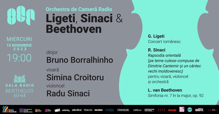 Dirijorul portughez Bruno Borralhinho,violonista Simina Croitoru și violoncelistul Radu Sinaci pe scena Sălii Radio