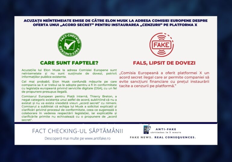 Fact-checking-ul săptămânii: Acuzații neîntemeiate emise de către Elon Musk la adresa Comisiei Europene despre oferta unui „acord secret” pentru instaurarea „cenzurii” pe platforma X