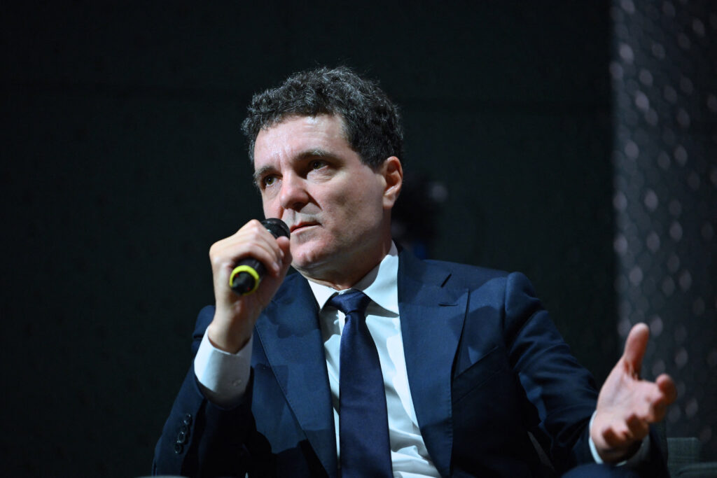 Nicusor Dan attends an online debate in Bucharest