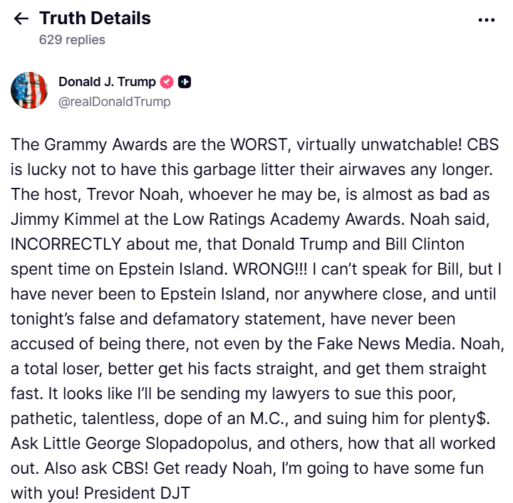 Trump postare truth social grammy