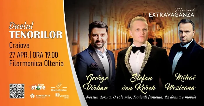 Duelul tenorilor - eveniment în premieră cu tenorul Ștefan von Korch și invitații va avea loc pe 27 Aprilie la Filarmonica Oltenia - Craiova