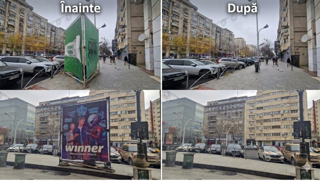 Înainte și după. Ciucu a dat jos prismele ilegale cu reclame din Centru. Deci se poate. Dar de ce a durat atât?