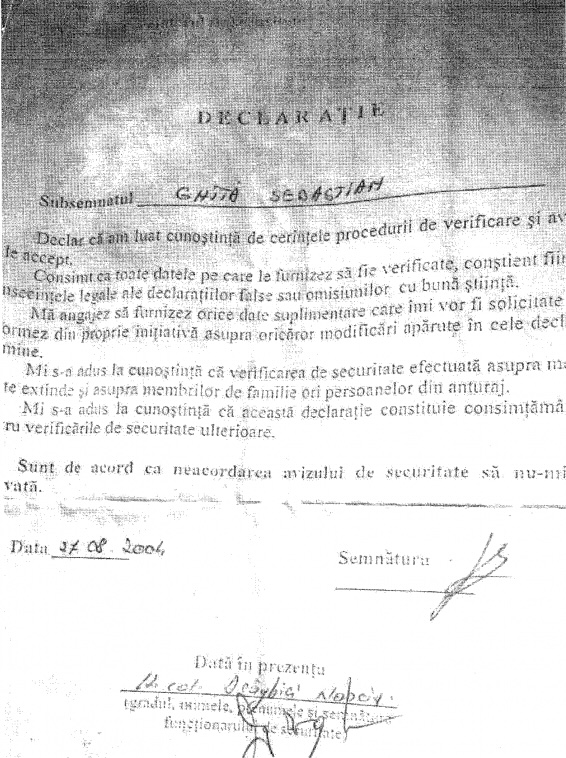 Sebastian Ghita, Declaratie SRI