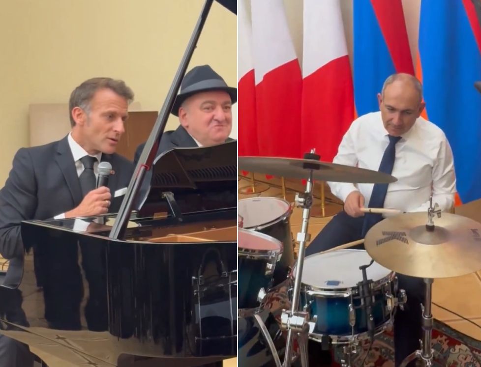 Macron, recital surpriză la Erevan. A cântat acompaniat la tobe de premierul Armeniei (Video)