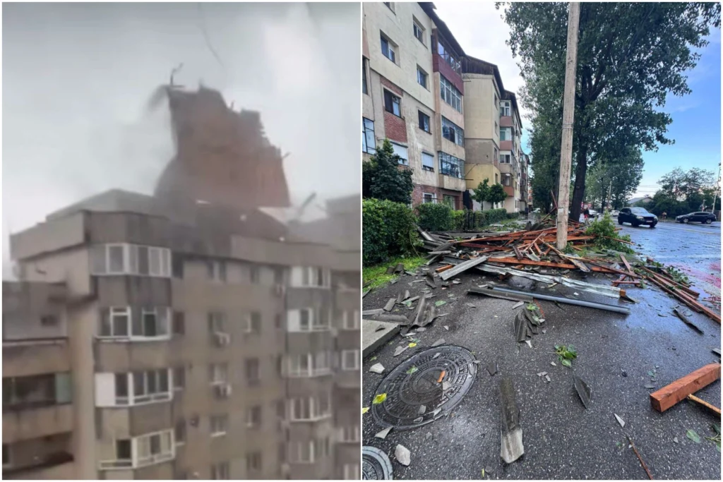 Vijelia a făcut ravagii la Târgoviște: Un acoperiș a fost smuls și a căzut peste un trecător (Foto&Video)