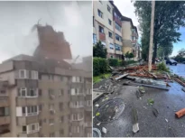 Vijelia a făcut ravagii la Târgoviște: Un acoperiș a fost smuls și a căzut peste un trecător (Foto&Video)