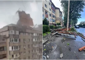 Vijelia a făcut ravagii la Târgoviște: Un acoperiș a fost smuls și a căzut peste un trecător (Foto&Video)