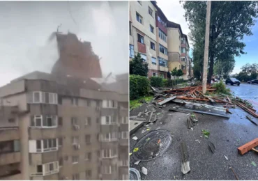 Vijelia a făcut ravagii la Târgoviște: Un acoperiș a fost smuls și a căzut peste un trecător (Foto&Video)