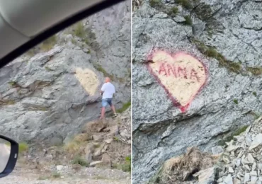Căutat de poliție pentru vandalism pe Transfăgărășan: Ce riscă bărbatul care a desenat pe o stâncă mesajul de iubire pentru „Anna”