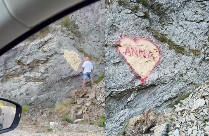 Căutat de poliție pentru vandalism pe Transfăgărășan: Ce riscă bărbatul care a desenat pe o stâncă mesajul de iubire pentru „Anna”