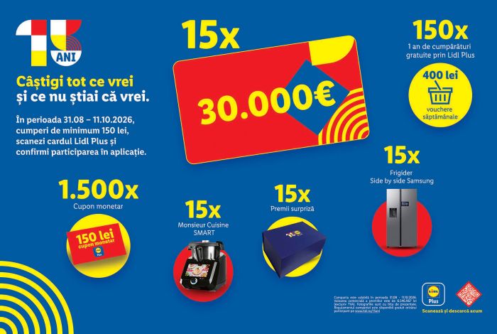 Concurs în premieră cu ocazia aniversării de 15 ani Lidl România: Premii de până la 30.000 euro pentru clienți