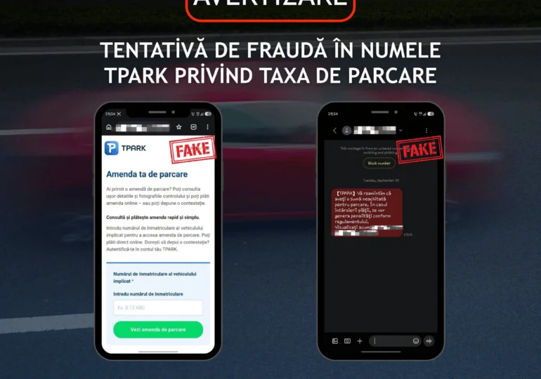 Avertisment DNSC: Se trimit SMS-uri false în numele TPARK. Nu plătiți presupusele datorii de parcare prin linkul primit!