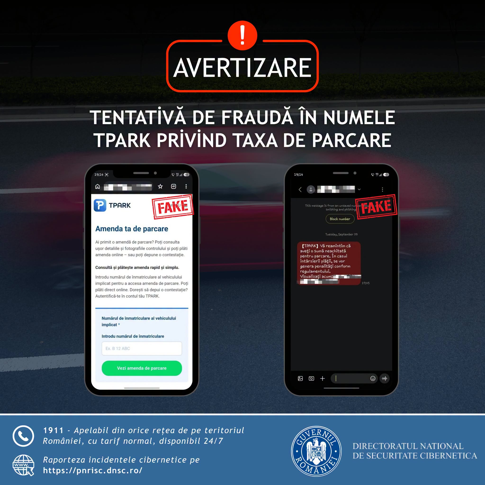Avertisment DNSC: Se trimit SMS-uri false în numele TPARK. Nu plătiți presupusele datorii de parcare prin linkul primit!