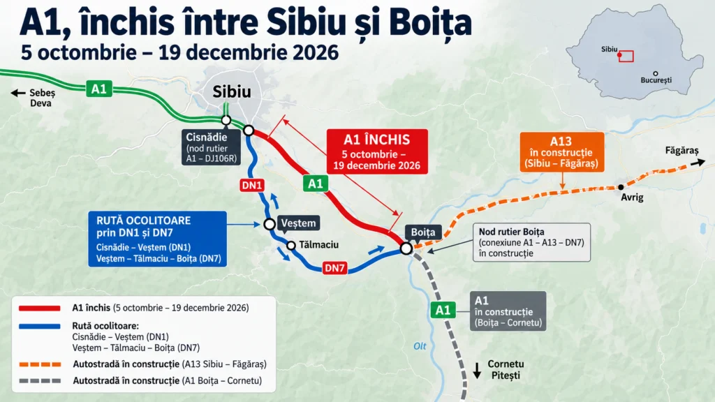 Hartă 2 rutieră_ A1 închisă între Sibiu și B