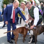 DISTRACȚIE. Vladimir Putin mângâie câinii proaspeților căsătoriți din Austria - Foto: Hepta.ro Vladimir Putin și câinii familie Kneissl